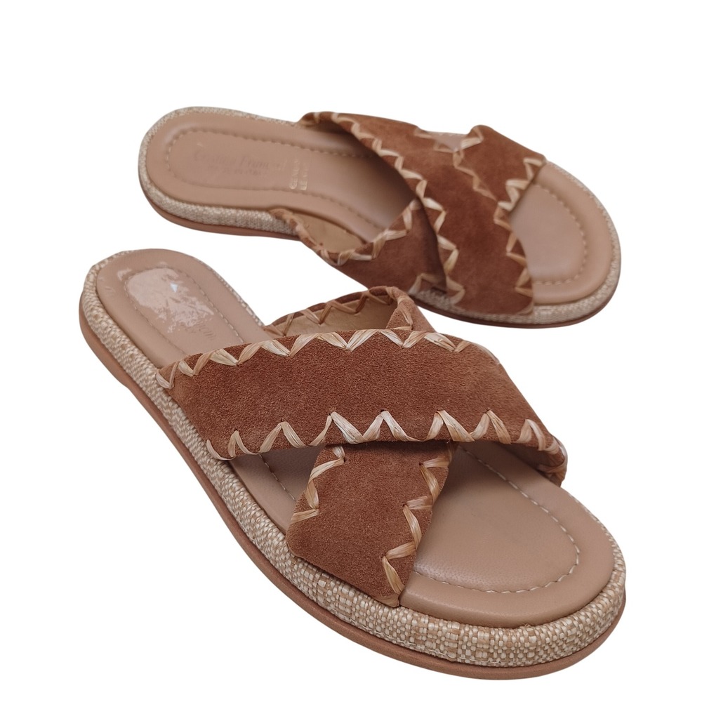 Cristina Francini Brown Suede Raffia Whipstitch Slide Sandals Made in Italy 8